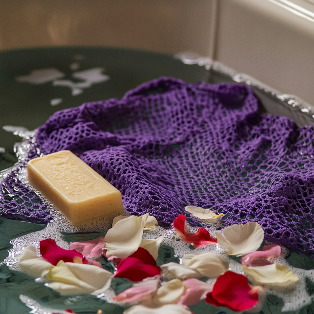 bi_business_A_purple_African_bath_net_in_a_bathtub_with_white_p_0cf6b709-569c-4357-8cb7-07de88e683a0 djampe violet baignoire